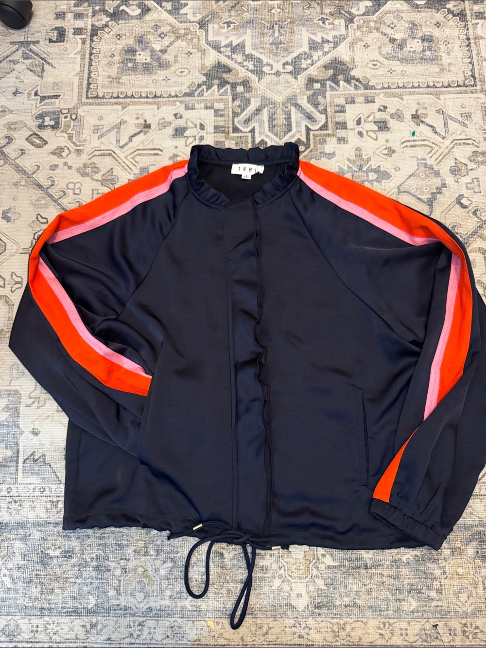 THML Navy Bomber Jacket with Red and Pink Sleeve Stripes Sz small
